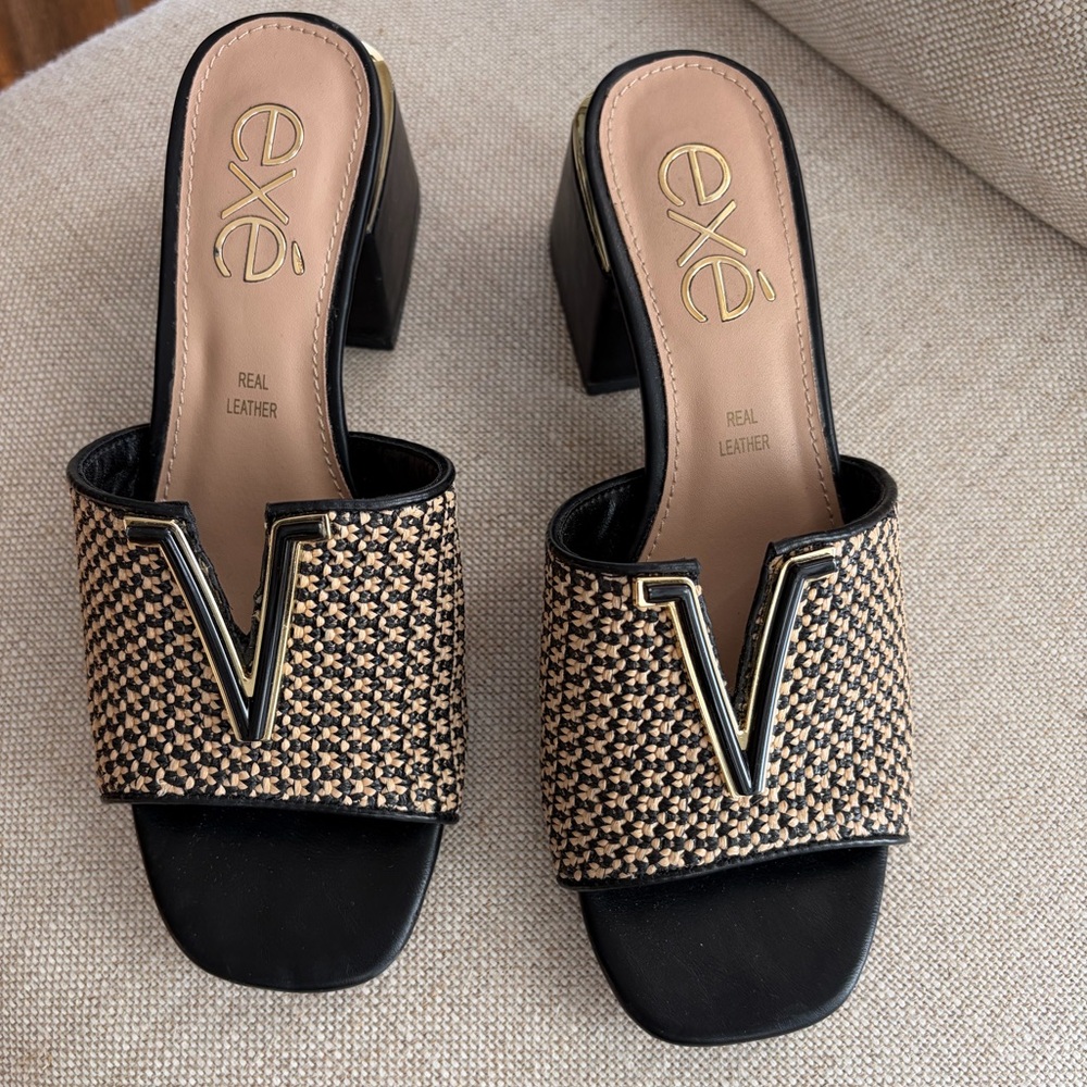 Exé Slide Sandals Leather Designer - women’s size 7 black tan gold